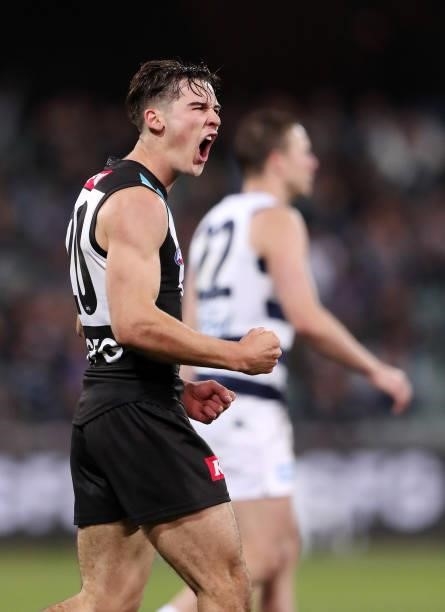 Connor Rozee of the Power celebrates a goal during the 2021 AFL Round 13 match between the Port Adelaide Power and the Geelong Cats at Adelaide Oval...