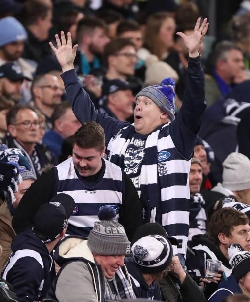Cats fan celebrates a goal during the 2021 AFL Round 13 match between the Port Adelaide Power and the Geelong Cats at Adelaide Oval on June 10, 2021...