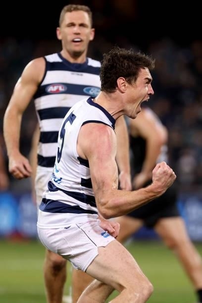 Jeremy Cameron of the Cats celebrates a goal during the 2021 AFL Round 13 match between the Port Adelaide Power and the Geelong Cats at Adelaide Oval...
