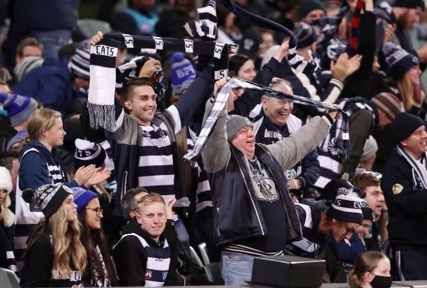 Geelong Fans celebrates a goal during the 2021 AFL Round 13 match between the Port Adelaide Power and the Geelong Cats at Adelaide Oval on June 10,...