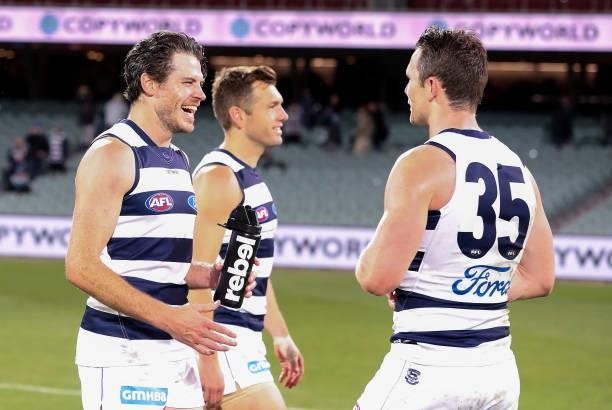 Isaac Smith and Patrick Dangerfield after the win during the 2021 AFL Round 13 match between the Port Adelaide Power and the Geelong Cats at Adelaide...