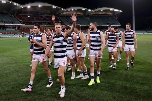 Joel Selwood of the Cats celebrates their win during the 2021 AFL Round 13 match between the Port Adelaide Power and the Geelong Cats at Adelaide...
