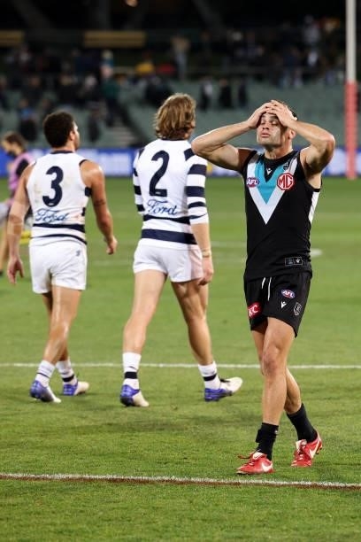 Karl Amon of the Power after their loss during the 2021 AFL Round 13 match between the Port Adelaide Power and the Geelong Cats at Adelaide Oval on...