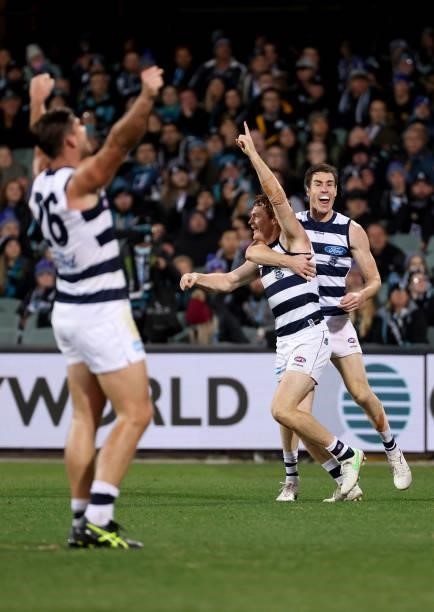 Gary Rohan of the Cats celebrates a goal during the 2021 AFL Round 13 match between the Port Adelaide Power and the Geelong Cats at Adelaide Oval on...