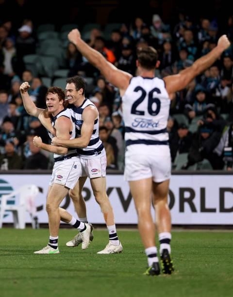 Gary Rohan of the Cats celebrates a goal during the 2021 AFL Round 13 match between the Port Adelaide Power and the Geelong Cats at Adelaide Oval on...