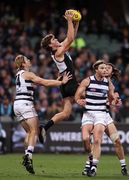 Mitch Georgiades of the Power marks the ball but gives away a free kick to Jack Henry during the 2021 AFL Round 13 match between the Port Adelaide...