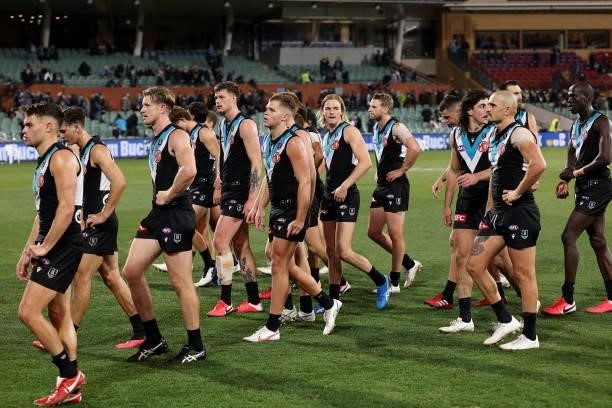 The Power after their loss during the 2021 AFL Round 13 match between the Port Adelaide Power and the Geelong Cats at Adelaide Oval on June 10, 2021...
