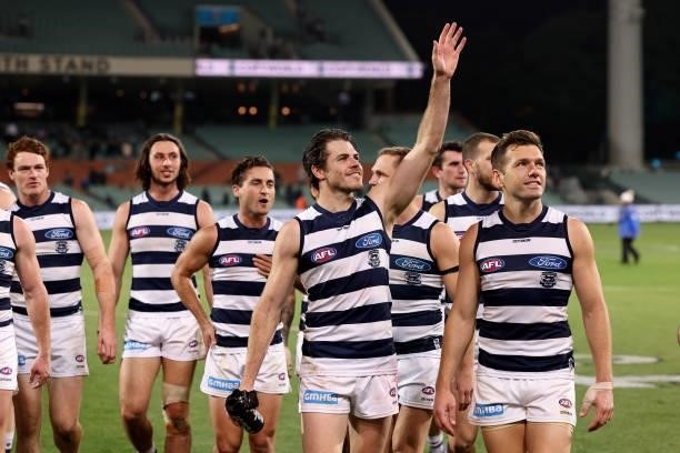 Isaac Smith of the Cats celebrates their win during the 2021 AFL Round 13 match between the Port Adelaide Power and the Geelong Cats at Adelaide Oval...