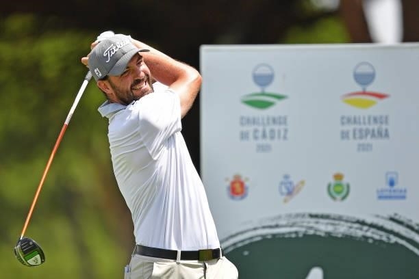 David Borda of Spain tees off on the first hole during Day One of the Challenge de Cadiz at Iberostar Real Club de Golf Novo Sancti Petri on June 10,...