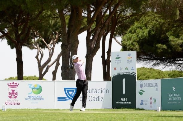 John Axelsen of Denmark tees off on the first hole during Day One of the Challenge de Cadiz at Iberostar Real Club de Golf Novo Sancti Petri on June...
