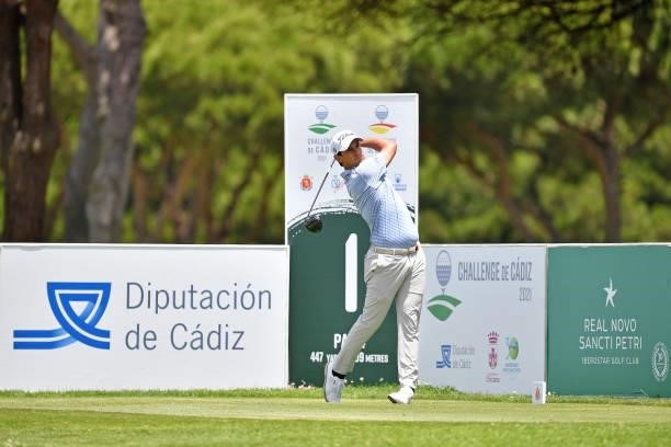 Matteo Manassero of Italy tees off on the first hole during Day One of the Challenge de Cadiz at Iberostar Real Club de Golf Novo Sancti Petri on...