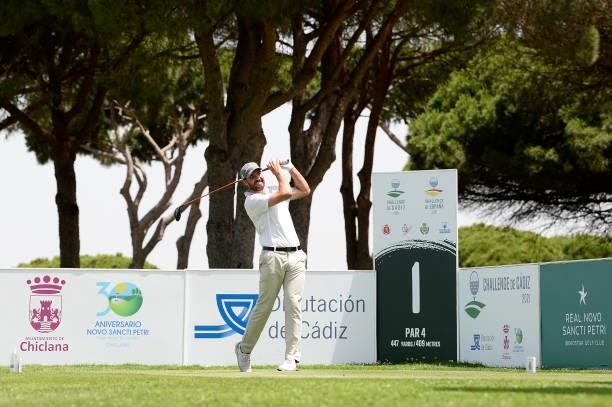 David Borda of Spain tees off on the first hole during Day One of the Challenge de Cadiz at Iberostar Real Club de Golf Novo Sancti Petri on June 10,...