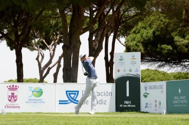 Alexander Knappe of Germany tees off on the first hole during Day One of the Challenge de Cadiz at Iberostar Real Club de Golf Novo Sancti Petri on...