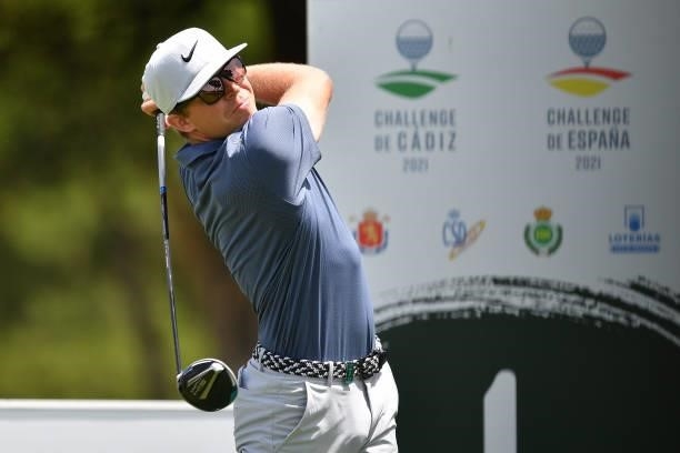 Alexander Knappe of Germany tees off on the first hole during Day One of the Challenge de Cadiz at Iberostar Real Club de Golf Novo Sancti Petri on...