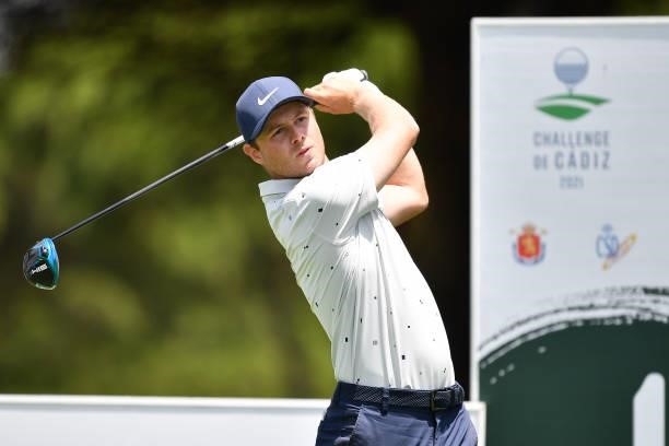 Harry Ellis of England tees off on the first hole during Day One of the Challenge de Cadiz at Iberostar Real Club de Golf Novo Sancti Petri on June...