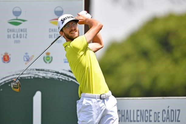 Lucas Vacarisas of Spain tees off on the first hole during Day One of the Challenge de Cadiz at Iberostar Real Club de Golf Novo Sancti Petri on June...