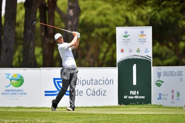 Julien Brun of France tees off on the first hole during Day One of the Challenge de Cadiz at Iberostar Real Club de Golf Novo Sancti Petri on June...