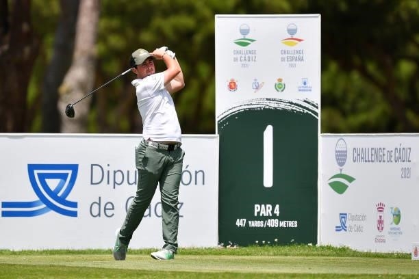 Alfie Plant of England tees off on the first hole during Day One of the Challenge de Cadiz at Iberostar Real Club de Golf Novo Sancti Petri on June...