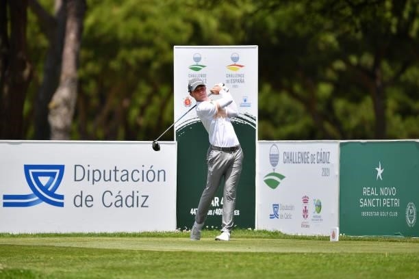 Jayden Trey Schaper of South Africa tees off on the first hole during Day One of the Challenge de Cadiz at Iberostar Real Club de Golf Novo Sancti...