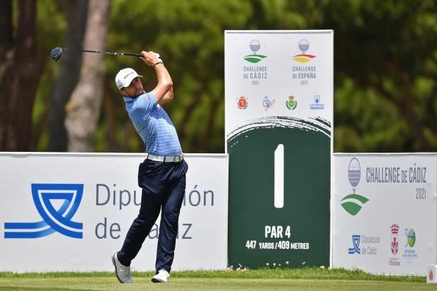 Per Langfors tees off on the first hole during Day One of the Challenge de Cadiz at Iberostar Real Club de Golf Novo Sancti Petri on June 10, 2021 in...