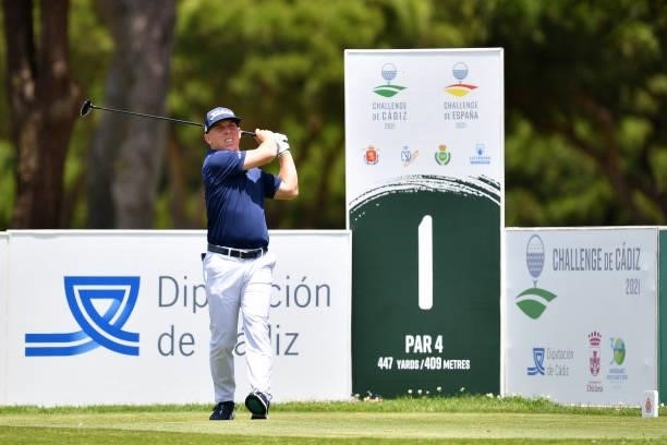 Michael Murray of USA tees off on the first hole during Day One of the Challenge de Cadiz at Iberostar Real Club de Golf Novo Sancti Petri on June...