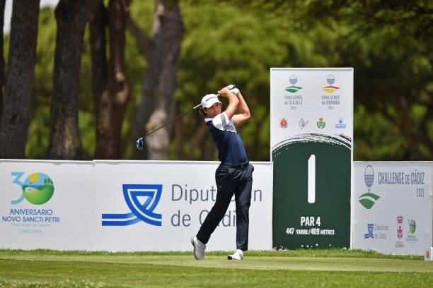 Dominic Foos of Germany tees off on the first hole during Day One of the Challenge de Cadiz at Iberostar Real Club de Golf Novo Sancti Petri on June...