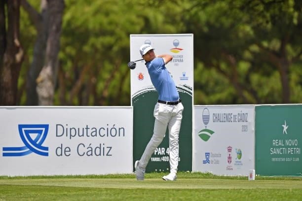 Mikael Lindberg of Sweden tees off on the first hole during Day One of the Challenge de Cadiz at Iberostar Real Club de Golf Novo Sancti Petri on...