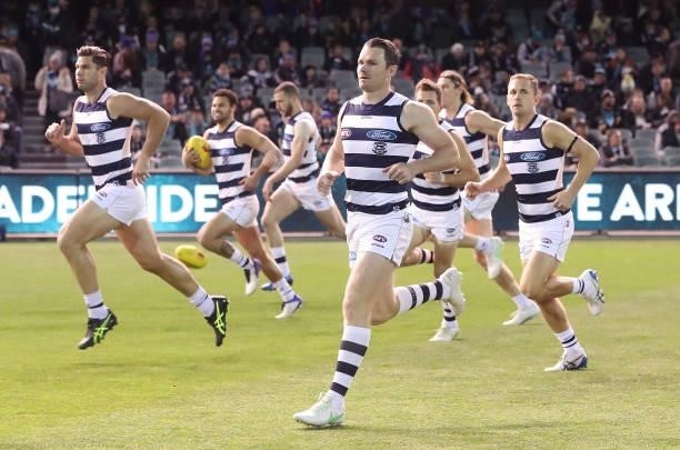 Patrick Dangerfield makes his return after injury during the 2021 AFL Round 13 match between the Port Adelaide Power and the Geelong Cats at Adelaide...