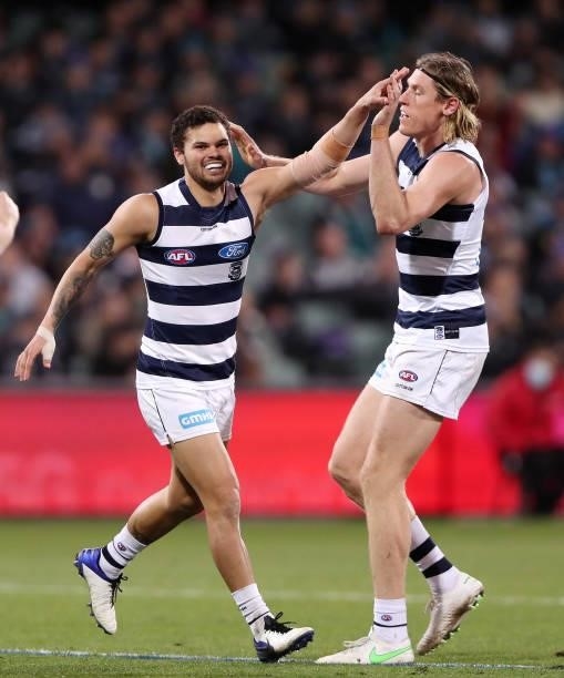 Brandan Parfitt of the Cats celebrates a goal with Mark Blicavs during the 2021 AFL Round 13 match between the Port Adelaide Power and the Geelong...