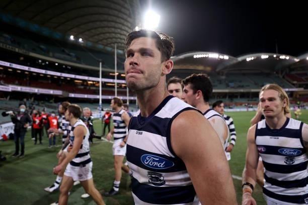 Tom Hawkins of the Cats after their win during the 2021 AFL Round 13 match between the Port Adelaide Power and the Geelong Cats at Adelaide Oval on...