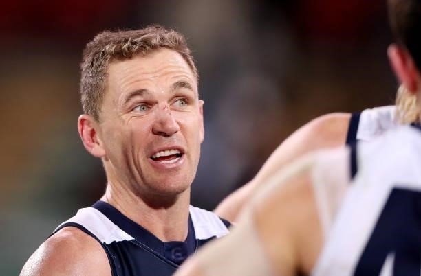 Joel Selwood of the Cats at 3 quarter time during the 2021 AFL Round 13 match between the Port Adelaide Power and the Geelong Cats at Adelaide Oval...