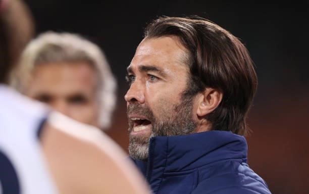 Chris Scott, Senior Coach of the Cats during the 2021 AFL Round 13 match between the Port Adelaide Power and the Geelong Cats at Adelaide Oval on...