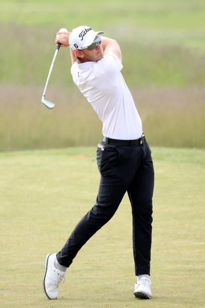Joachim B Hansen of Denmark hits his second shot on the 10th hole during the first round of The Scandinavian Mixed Hosted by Henrik and Annika at...