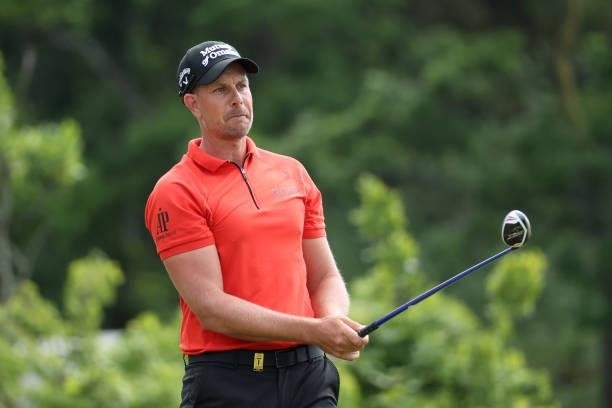 Henrik Stenson of Sweden tees off on the 12th hole during the first round of The Scandinavian Mixed Hosted by Henrik and Annika at Vallda Golf &...