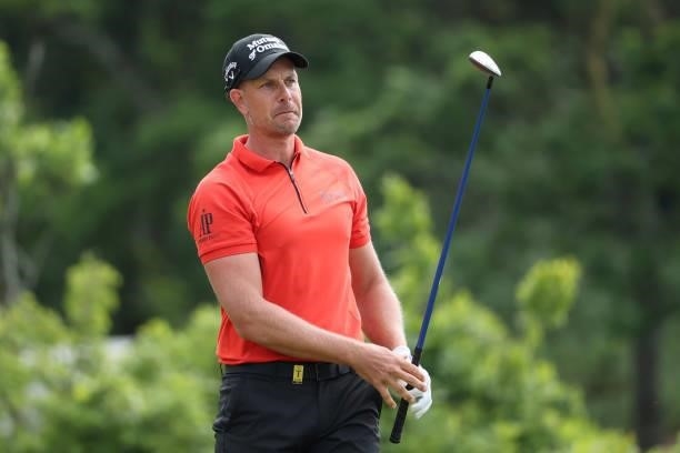 Henrik Stenson of Sweden tees off on the 12th hole during the first round of The Scandinavian Mixed Hosted by Henrik and Annika at Vallda Golf &...