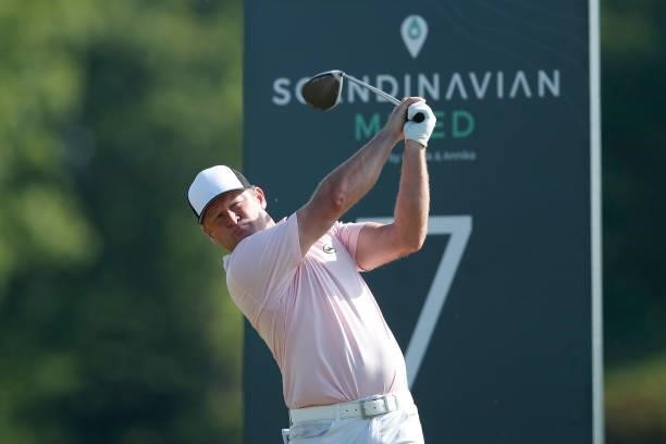 Jamie Donaldson of Wales tees off on the 7th hole during the first round of The Scandinavian Mixed Hosted by Henrik and Annika at Vallda Golf &...