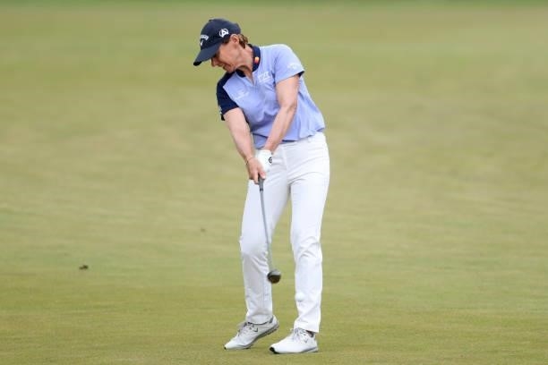 Annika Sorenstam of Sweden hits her second shot on the 6th hole during the first round of The Scandinavian Mixed Hosted by Henrik and Annika at...