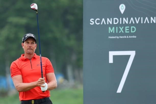 Henrik Stenson of Sweden tees off on the 7th hole during the first round of The Scandinavian Mixed Hosted by Henrik and Annika at Vallda Golf &...