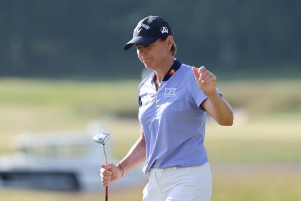 Annika Sorenstam of Sweden reacts on the 18th green during the first round of The Scandinavian Mixed Hosted by Henrik and Annika at Vallda Golf &...
