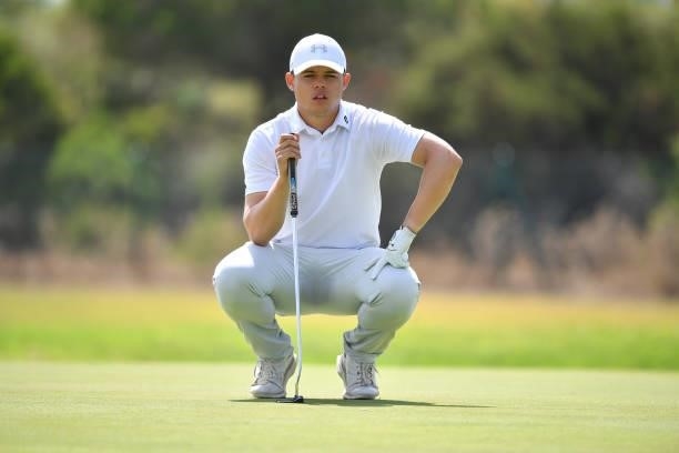 Kristof Ulenaers of Belgium lines before plays his second shot on the seventh hole during Day One of the Challenge de Cadiz at Iberostar Real Club de...