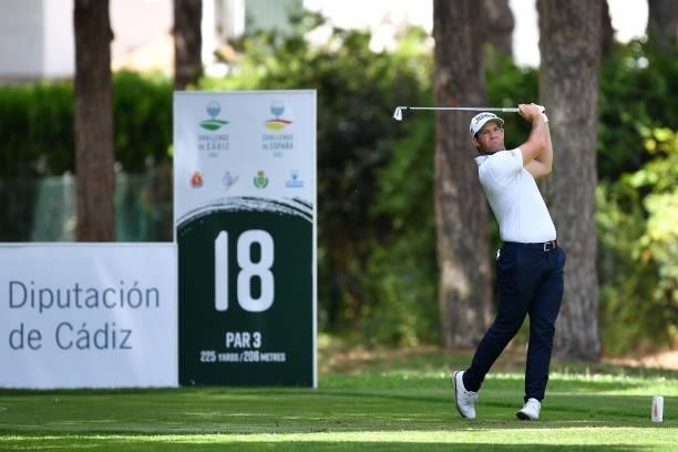 Ricardo Gouveia of Portugal tees off on the eighth hole during Day One of the Challenge de Cadiz at Iberostar Real Club de Golf Novo Sancti Petri on...