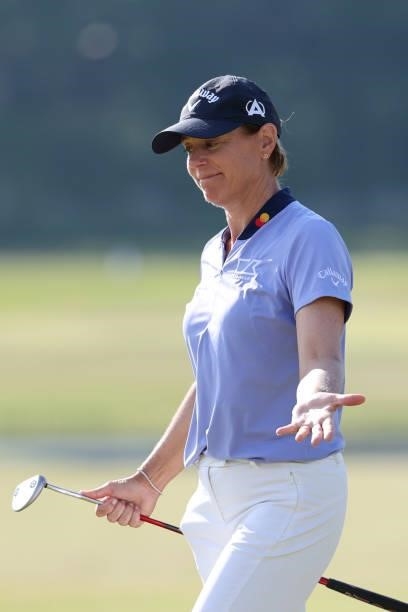 Annika Sorenstam of Sweden reacts on the 18th green during the first round of The Scandinavian Mixed Hosted by Henrik and Annika at Vallda Golf &...