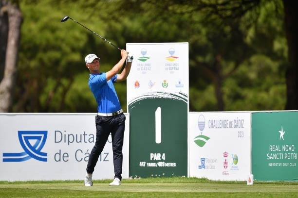 Christopher Sahlstrom of Sweden tees off on the first hole during Day One of the Challenge de Cadiz at Iberostar Real Club de Golf Novo Sancti Petri...