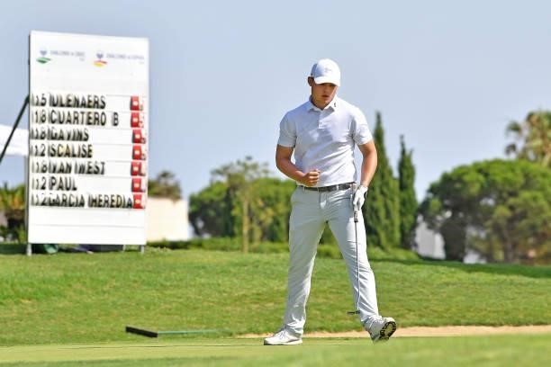 Kristof Ulenaers of Belgium reacts after plays his second shot on the ninth hole during Day One of the Challenge de Cadiz at Iberostar Real Club de...