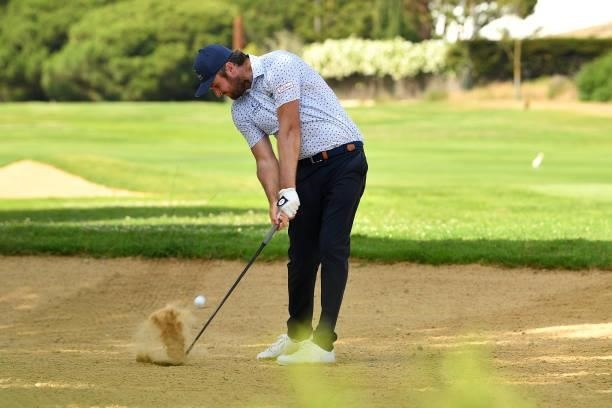 Damien Perrier of France plays his second shot on the first hole during Day One of the Challenge de Cadiz at Iberostar Real Club de Golf Novo Sancti...