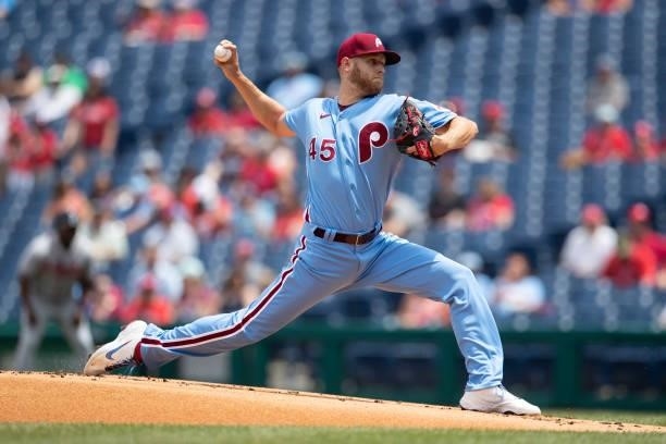Zack Wheeler of the Philadelphia Phillies throws a pitch in the top of the first inning against the Atlanta Braves at Citizens Bank Park on June 10,...
