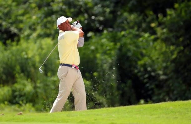 Ozzie Smith plays a shot on the 12th hole during the first round of the BMW Charity Pro-Am presented by Synnex Corporation at the Thornblade Club on...
