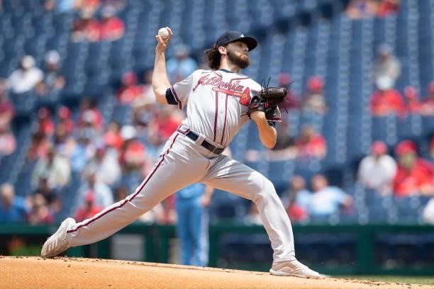 Ian Anderson of the Atlanta Braves throws a pitch in the bottom of the first inning against the Philadelphia Phillies at Citizens Bank Park on June...