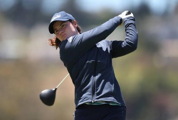 Leona Maguire of Ireland tees off from the 9th hole during the first round of the LPGA Mediheal Championship at Lake Merced Golf Club on June 10,...