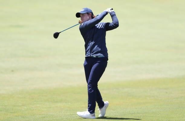 Leona Maguire of Ireland hits from the 9th hole during the first round of the LPGA Mediheal Championship at Lake Merced Golf Club on June 10, 2021 in...